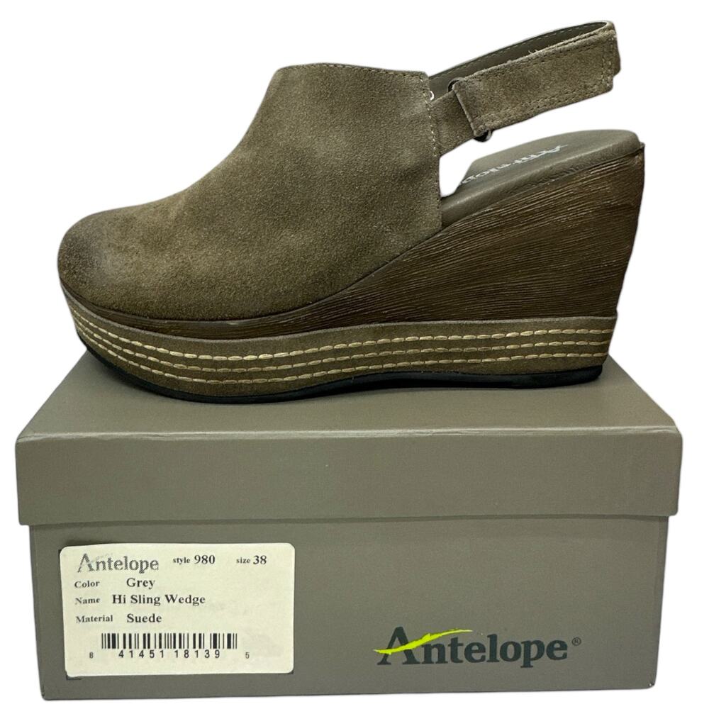 Antelope Hi Sling Platform Wedge Gray Suede Women's 7 7.5